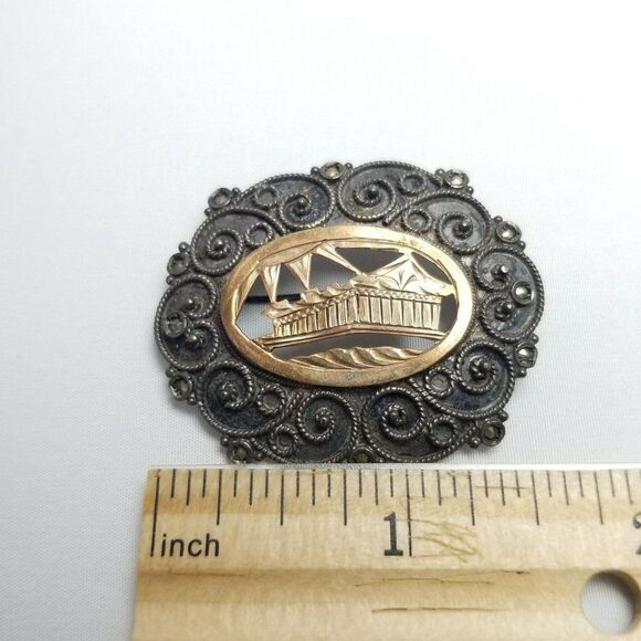 Antique Grand Tour Acropolis Parthenon Brooch 950 Silver Gilt Marcasite - Picture 5 of 7